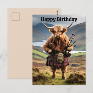 Funny Highland Kuh mit Bagpipe Geburtstagskarte Postkarte