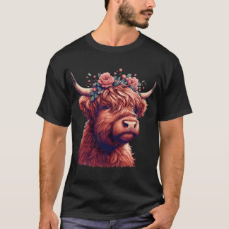 Funny Highland Kuh mit Blume Kronen T - Shirt