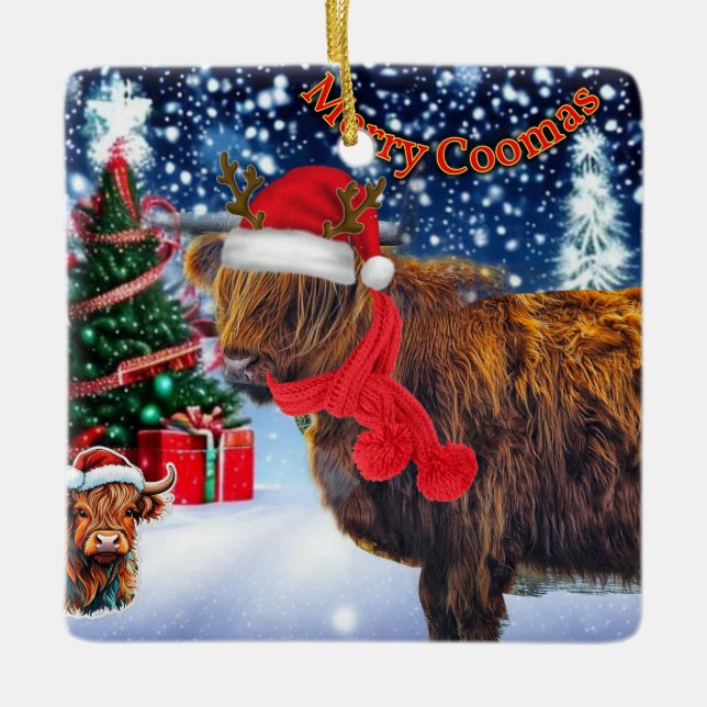 Funny HIghland Kuh Weihnachtsbaumschmuck Keramikornament (Vorderseite)