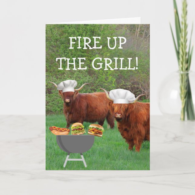 Funny Highland Steer Barbecue Birthday Karte (Vorderseite)
