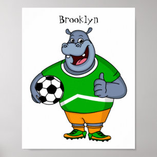 Funny Hippo Fußballspieler Cartoon Illustration Poster