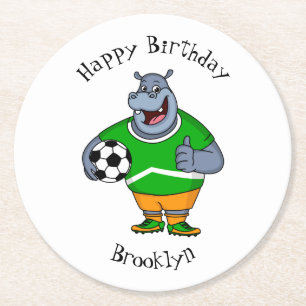Funny Hippo Fußballspieler Cartoon Illustration Runder Pappuntersetzer