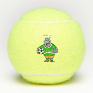 Funny Hippo Fußballspieler Cartoon Illustration Tennisbälle