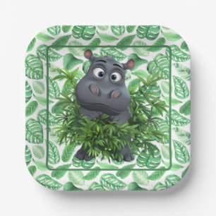 Funny Hippo mit grünem Palm Blätter Papier Napkin Pappteller