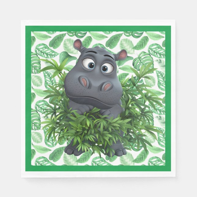 Funny Hippo mit grünem Palm Blätter Papier Napkin Serviette (Vorderseite)
