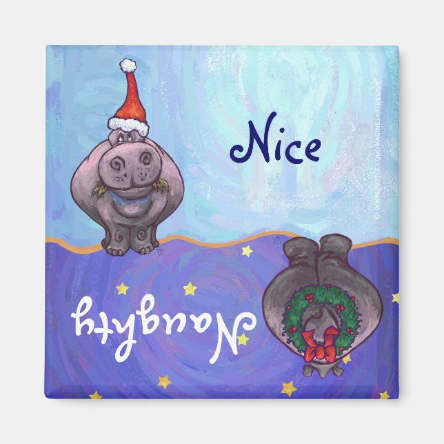 Funny Hippo Naughty Nice Holiday Magnet (Vorne)