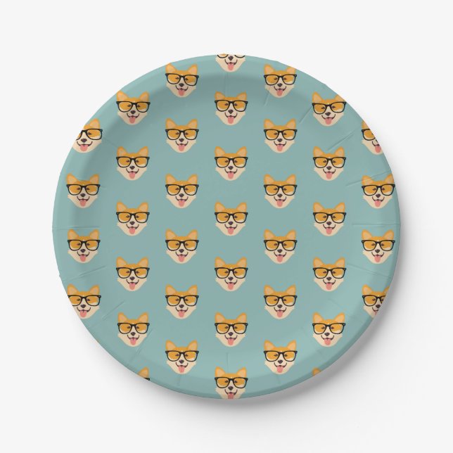 Funny Hipster Corgi Pattern Pappteller (Vorderseite)
