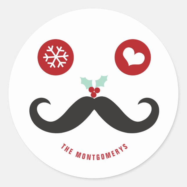 Funny Holiday Mustache Face Mistletoe Weihnachten Runder Aufkleber (Vorderseite)