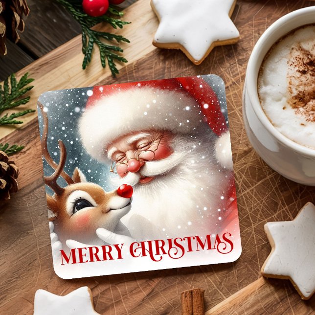 Funny Holiday Paper Coasters Santa and Rudolph Rechteckiger Pappuntersetzer (Funny Holiday Paper Coasters Santa and Rudolph)