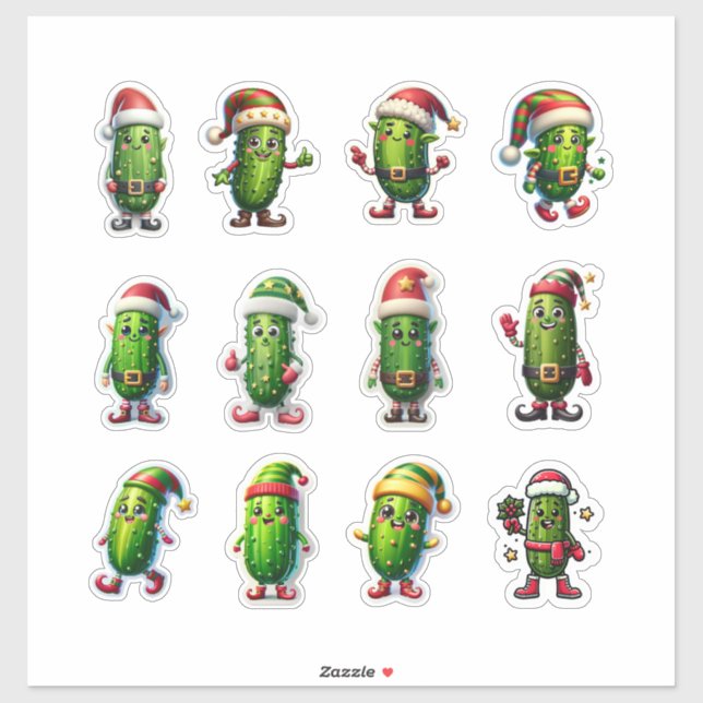 Funny Holiday Pickles in Santa Hats Aufkleber (Blatt)
