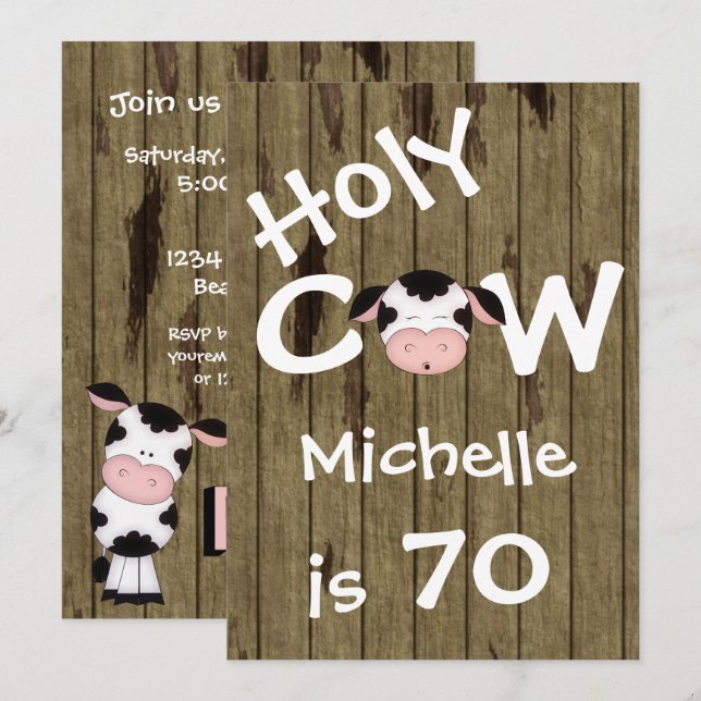 Funny Holy Cow 70th Birthday Party Invitation (Devant / Derrière)