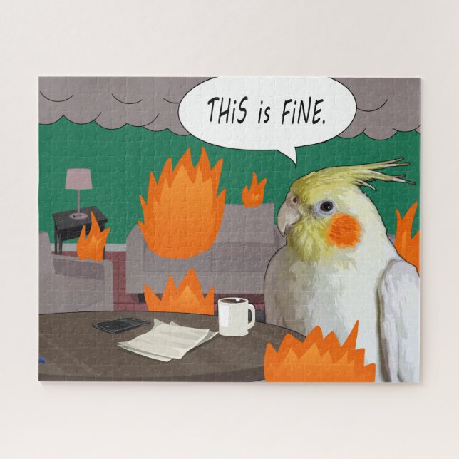 Funny Homeschool Cockatiel This Is Fine Chaos Meme (Horizontal)