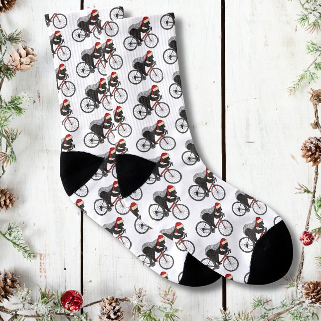 Funny Honey Badger Santa Bicycle Cycling Socken (Christmas honey badger on a bicycle wearing a santa hat pattern cyclist holiday socks)