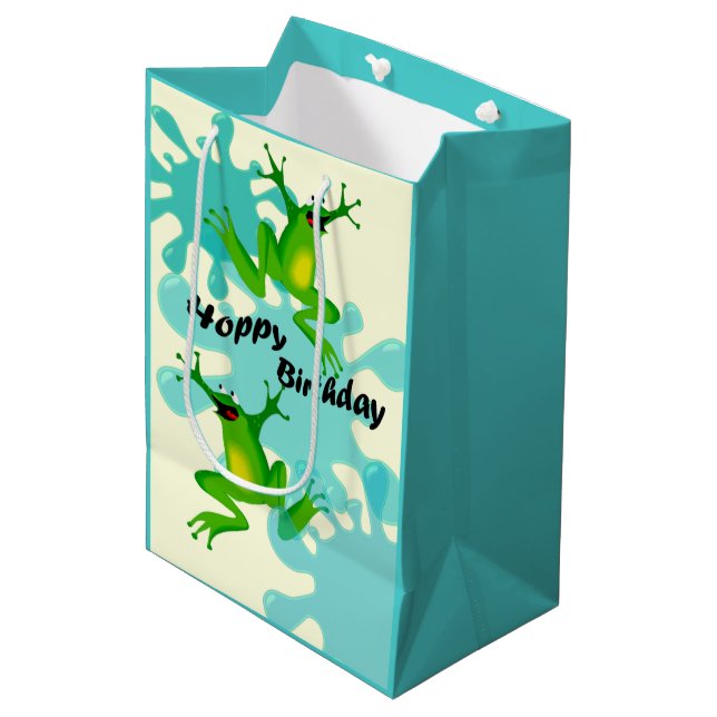 Funny Hoppe Birthday Frosch Med Geschenktasche Mittlere Geschenktüte (Vorderseite Schrägansicht)