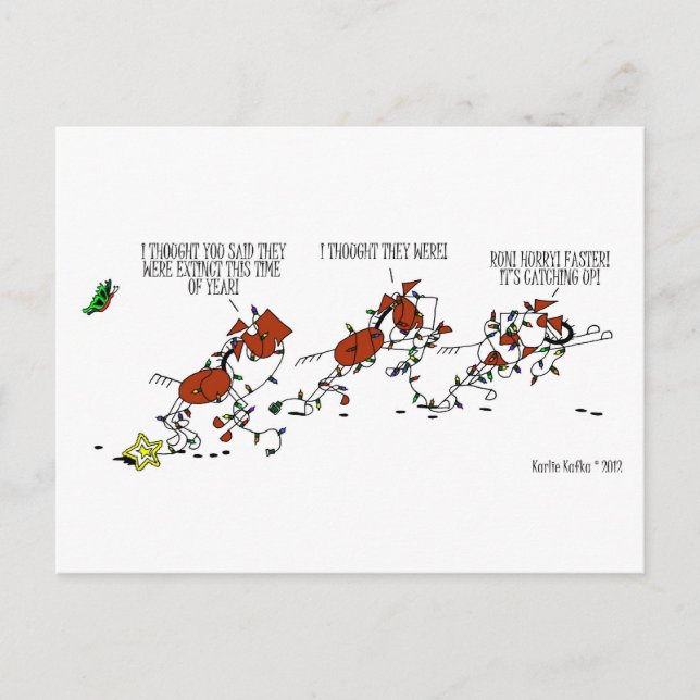Funny Horse & Butterfly Weihnachten Cartoon Postca (Vorderseite)