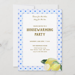 Funny Housewärming Tee Party Boho Lemon Blue Tiles Einladung