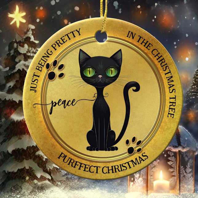 Funny Hübsch Black Kitty Gold Weihnachten Keramik Ornament (Elegant artistic Christmas ornament featuring a cute black kitty on pretty gold)