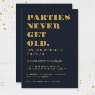 Funny Humour 50. Geburtstagsparty Navy Blue Gold Einladung