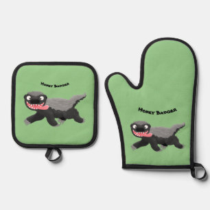 Funny hungrig Honigbadger Cartoon Illustration Ofenhandschuh & Topflappen-Set