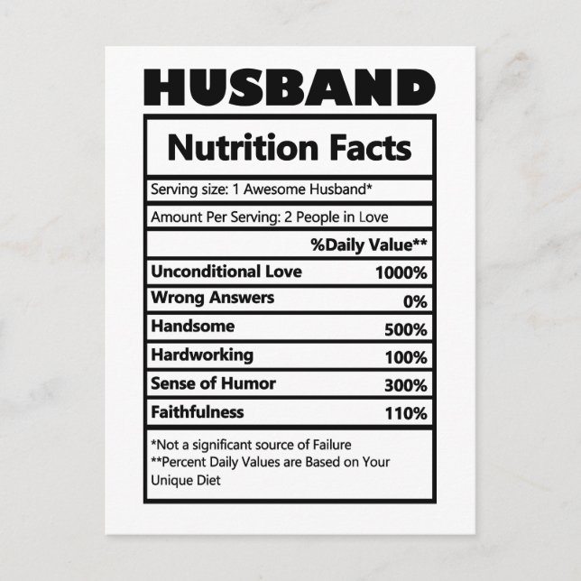 Funny Husband Nutrition Facts Jokes Postkarte (Vorderseite)