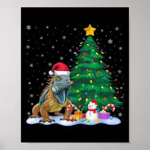 Funny Iguana Xmas Tree Lights Reindeer Hat Christm Poster