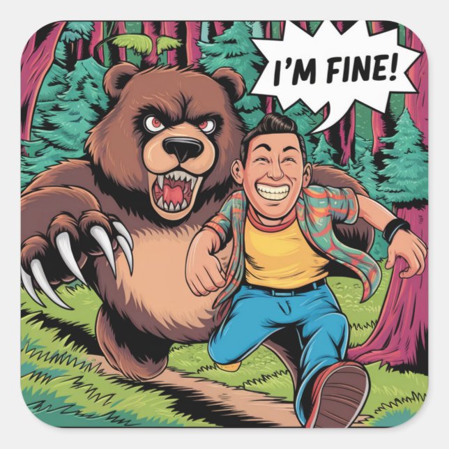 Funny "I'm Fine" Cartoon Illustration Quadratischer Aufkleber (Vorderseite)