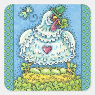FUNNY IRISH HEN, GRÜNE EIER UND KLEEBLÄTTER NIEDLI QUADRATISCHER AUFKLEBER