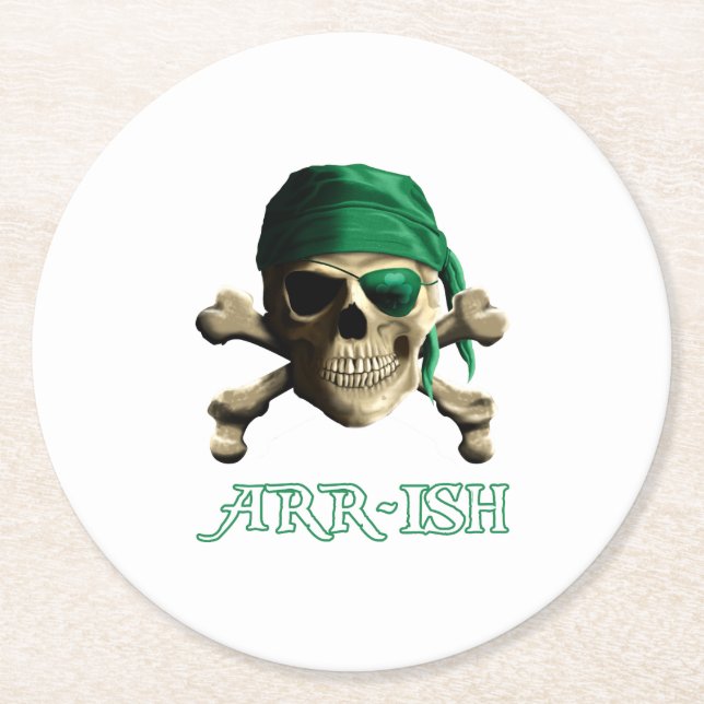 Funny Irish Piratenflagge Pirate Skull ARR-ISH Runder Pappuntersetzer (Vorderseite)