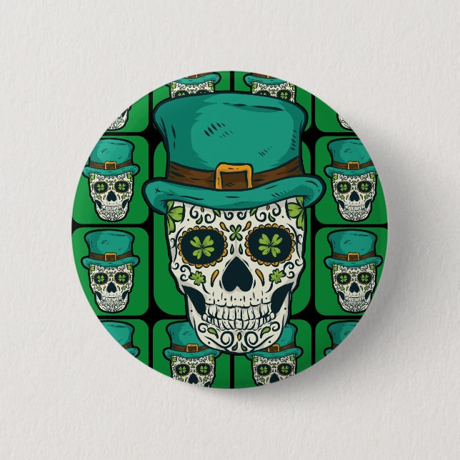 Funny Irish Sugar Skull St Patricks Day Pirate Bon Button (Vorderseite)