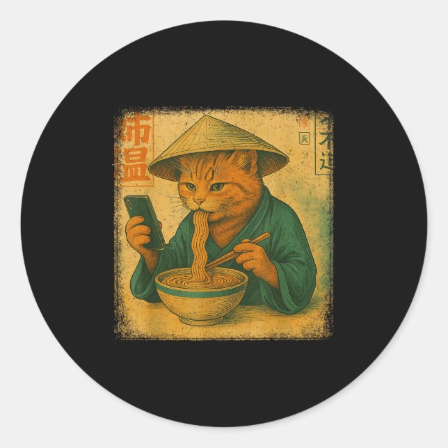 Funny Japanese Cat Eat Ramen And Scroll Phone Anim Runder Aufkleber (Vorderseite)