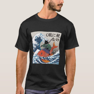 Funny Japanese Samurai Cat Riding and Orange Koi F T-Shirt