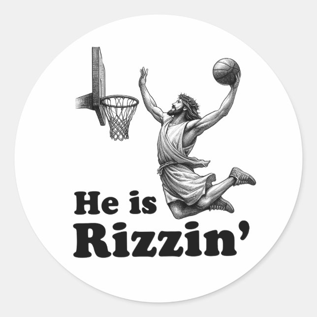 Funny Jesus Basketball - Er ist Rizzin' Runder Aufkleber (Vorderseite)