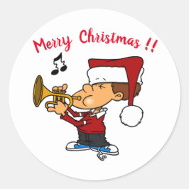 Funny Junge in Weihnachtsmannmütze bläst Horn Weih Runder Aufkleber