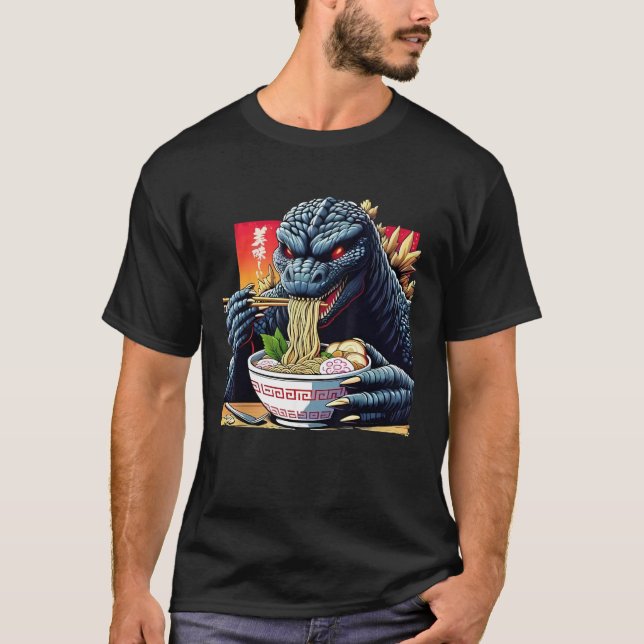 Funny Kaiju Eating Ramen Japanisches Monster Lover T-Shirt (Vorderseite)