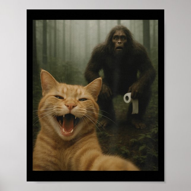Funny Katze überrascht glücklich Selfie mit Bigfoo Poster (Vorne)