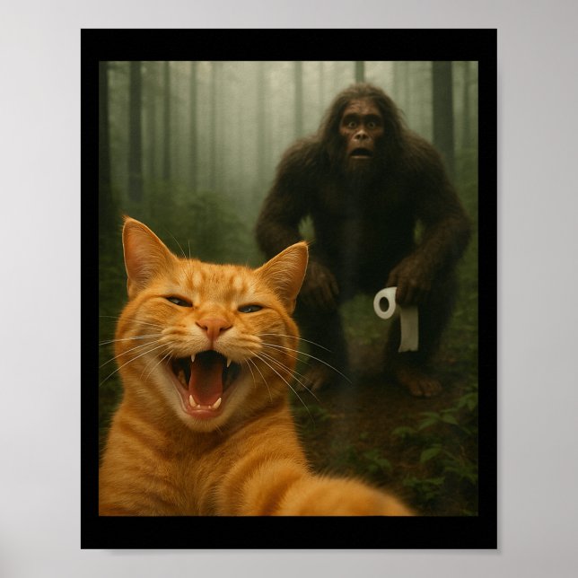 Funny Katze überrascht glücklich Selfie mit Bigfoo Poster (Vorne)
