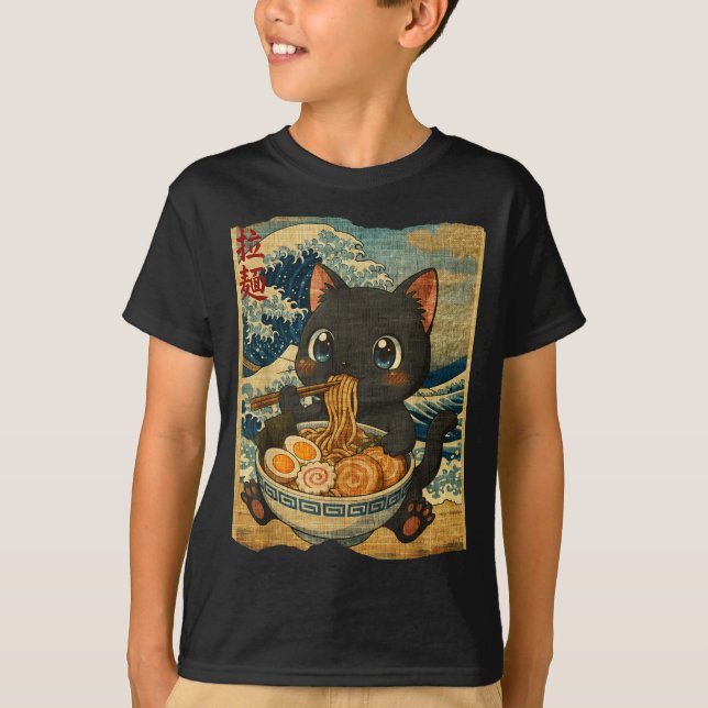 Funny Kawaii Black Cat Ramen Noodle Bowl Japanese  T-Shirt (Vorderseite)