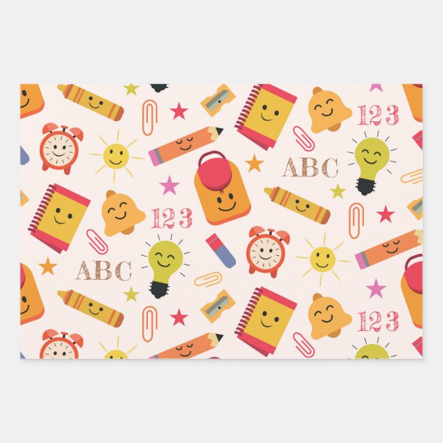 Funny Kawaii Cartoon School Supplies Geschenkpapier Set (Vorderseite)