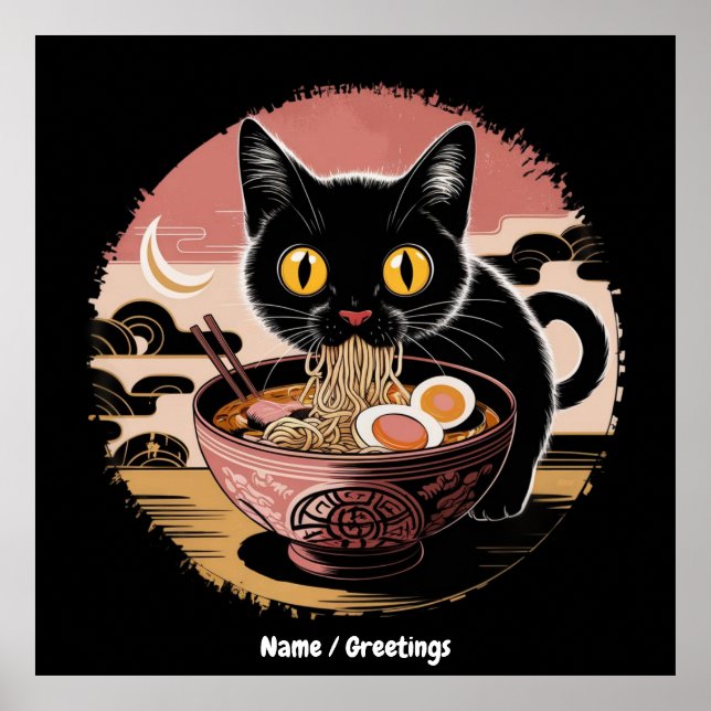 Funny Kawaii Cat Eating Ramen Noodles Niedlich Ani Poster (Vorne)