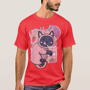 Funny Kawaii Cat Strawberry Milk Shake Japanisch u T-Shirt