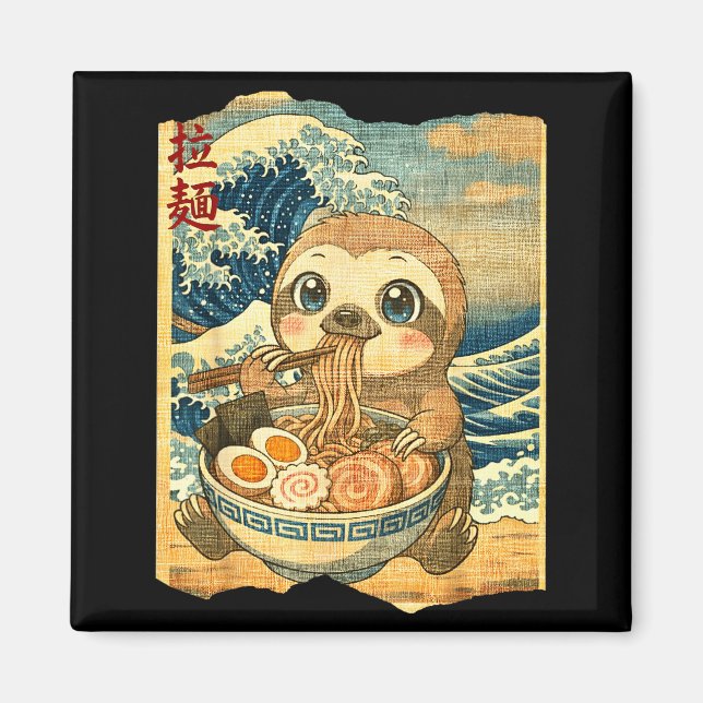 Funny Kawaii Sloth Ramen Noodle Bowl Japanese Wave Magnet (Vorne)