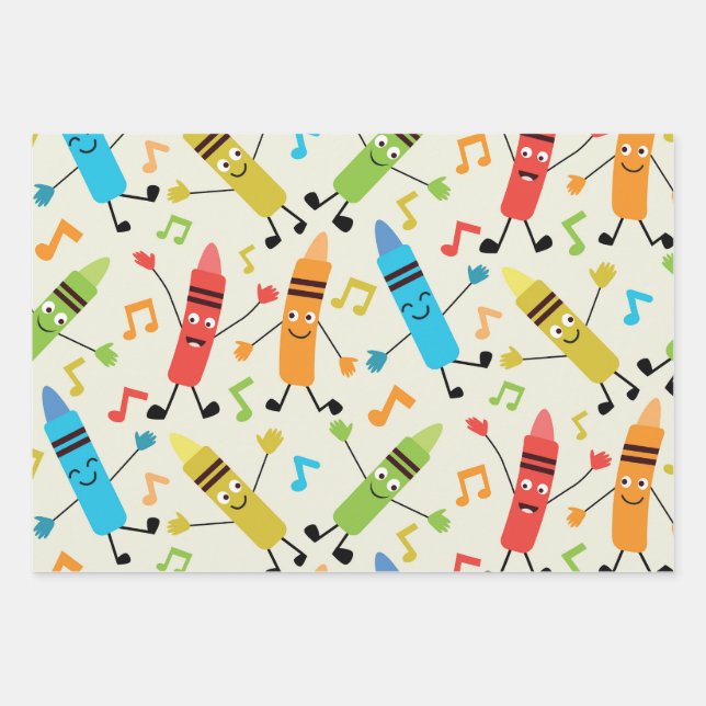 Funny Kawaii tanzende Crayons mit Musiknoten Geschenkpapier Set (Vorderseite)