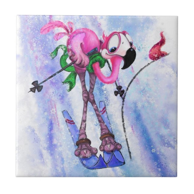 Funny Keramik Tile mit rosa Flamingo Skier Fliese (Vorderseite)