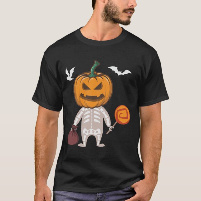 Funny Kid Skeleton Pumpkin Head Candy T-Shirt (Vorderseite)