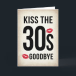 Funny Kiss the 30s Goodbye, 40th Birthday Card Karte<br><div class="desc">Mit dieser kühnen und sanften Geburtstagskarte lassen Sie sich von Ihren 30ern stilvoll abschalten! Dieses elegante und nostalgische Design mit antikem Zeitungshintergrund für eine Vintage Touch. Die auffallende schwarze Typografie beherrscht Aufmerksamkeit, während spielerische rote Kissenmarken einen Pop von Spaß und Flair schaffen. Diese Karte ist ideal, um die großen 4-0...</div>
