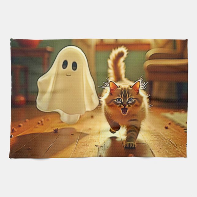 Funny Kitten Spooky Friend Design Geschirrtuch (Horizontal)