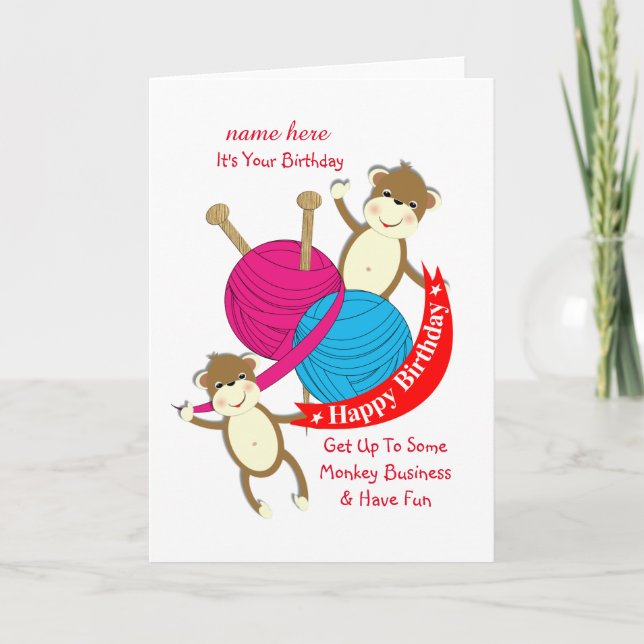 Funny Knitters Themed Happy Birthday Karte (Vorderseite)