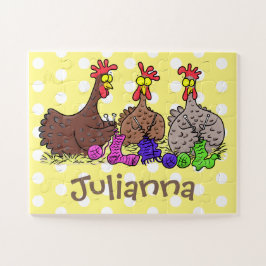 Funny knitting chickens cartoon illustration
