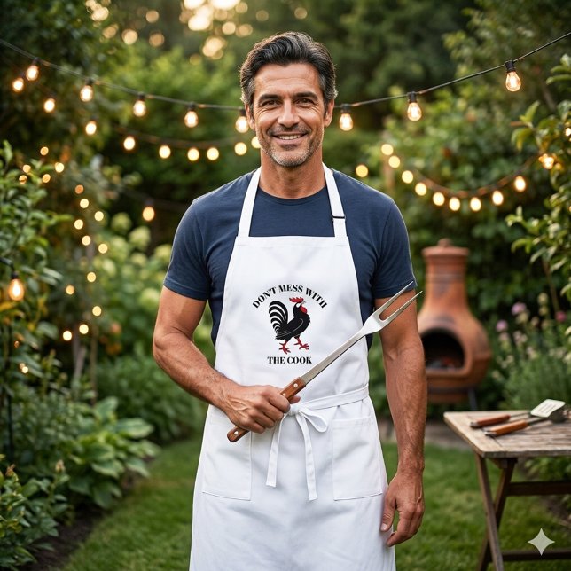 Funny Koch Cook Rooster Cartoon Schürze (Portuguese rooster cartoon apron with a funny Don't mess with the cook text or custom text)