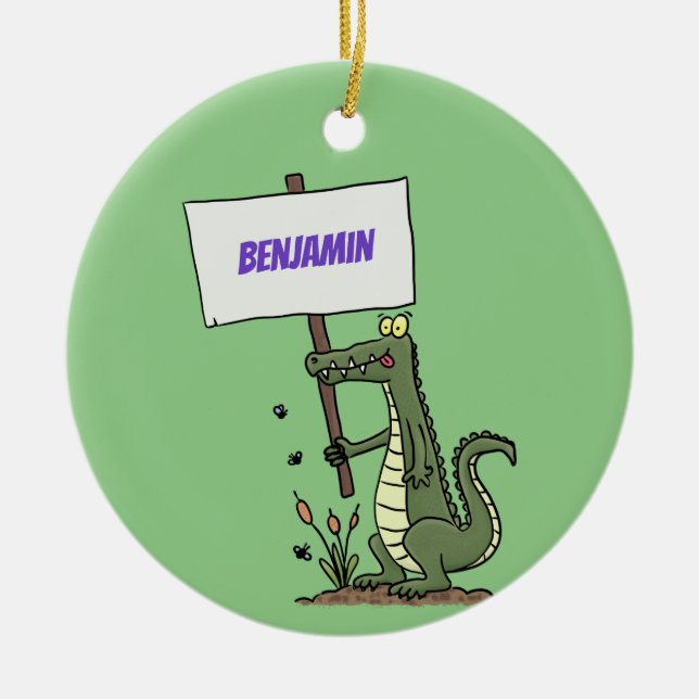 Funny Krocodil-Alarm mit Schild Cartoon Keramik Ornament (Vorne)